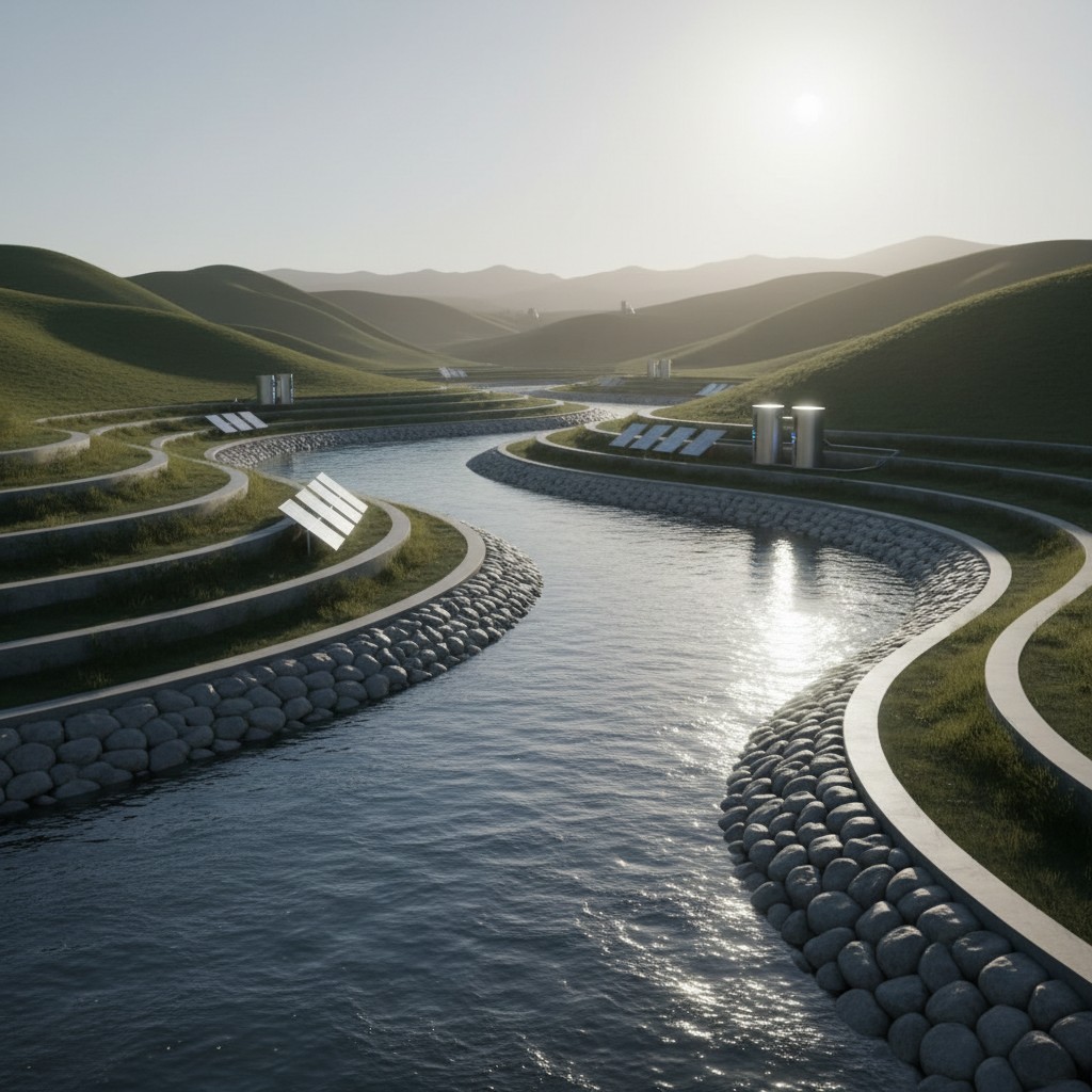 A serene river winds through rolling hills under a radiant sun, its tranquil surface reflecting the light as it gently flows.