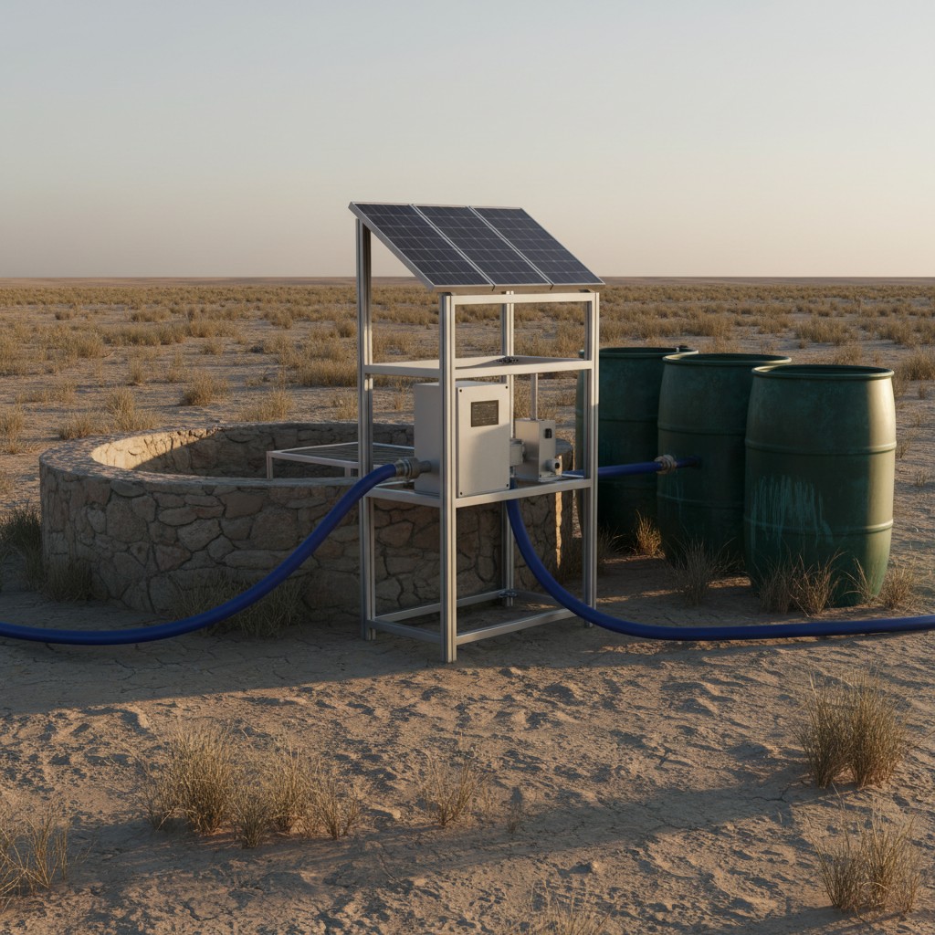 A water pump situated in the middle of a sandy area, equipped with solar panels and water tanks.