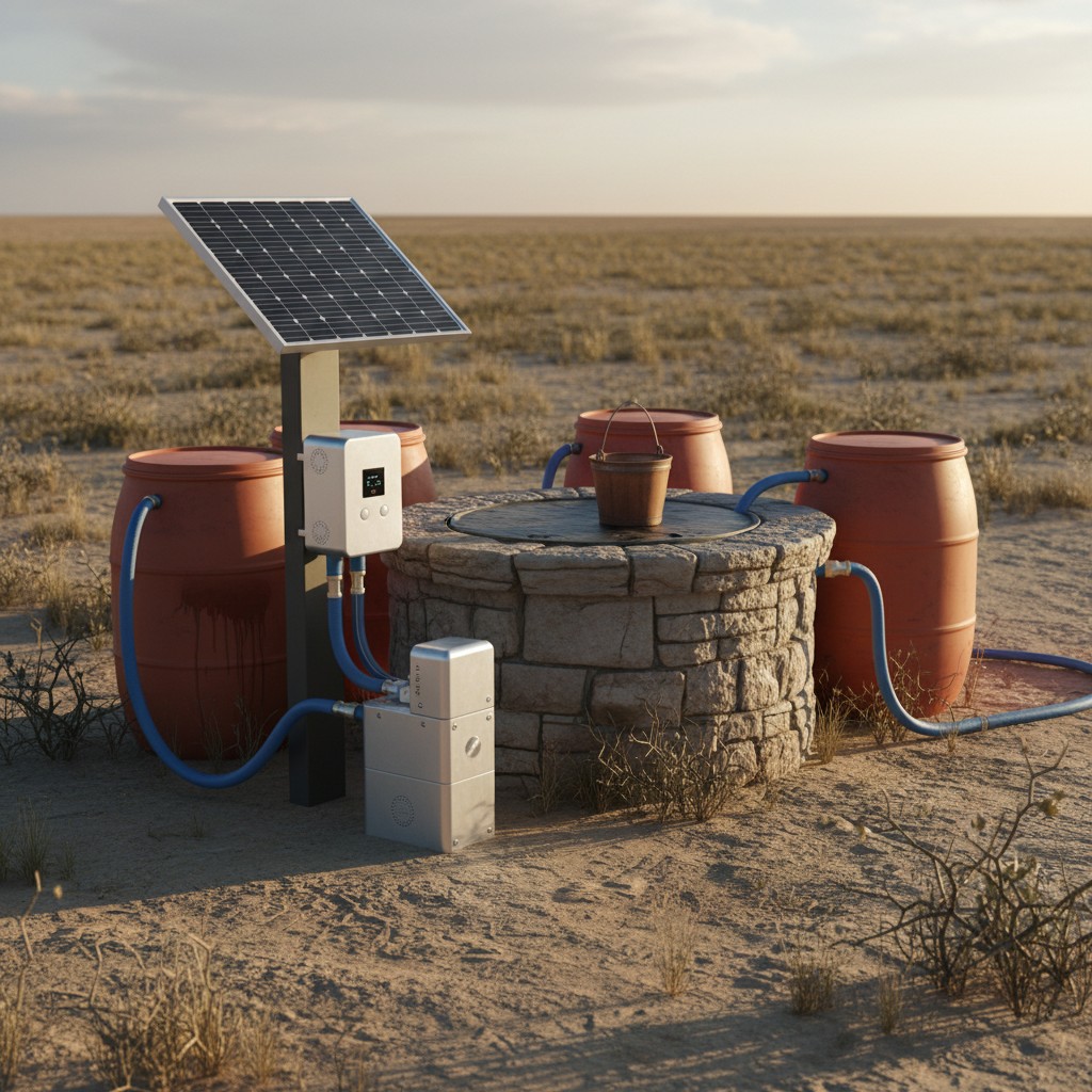 Solar-powered water well setup in the desert with wooden buckets.