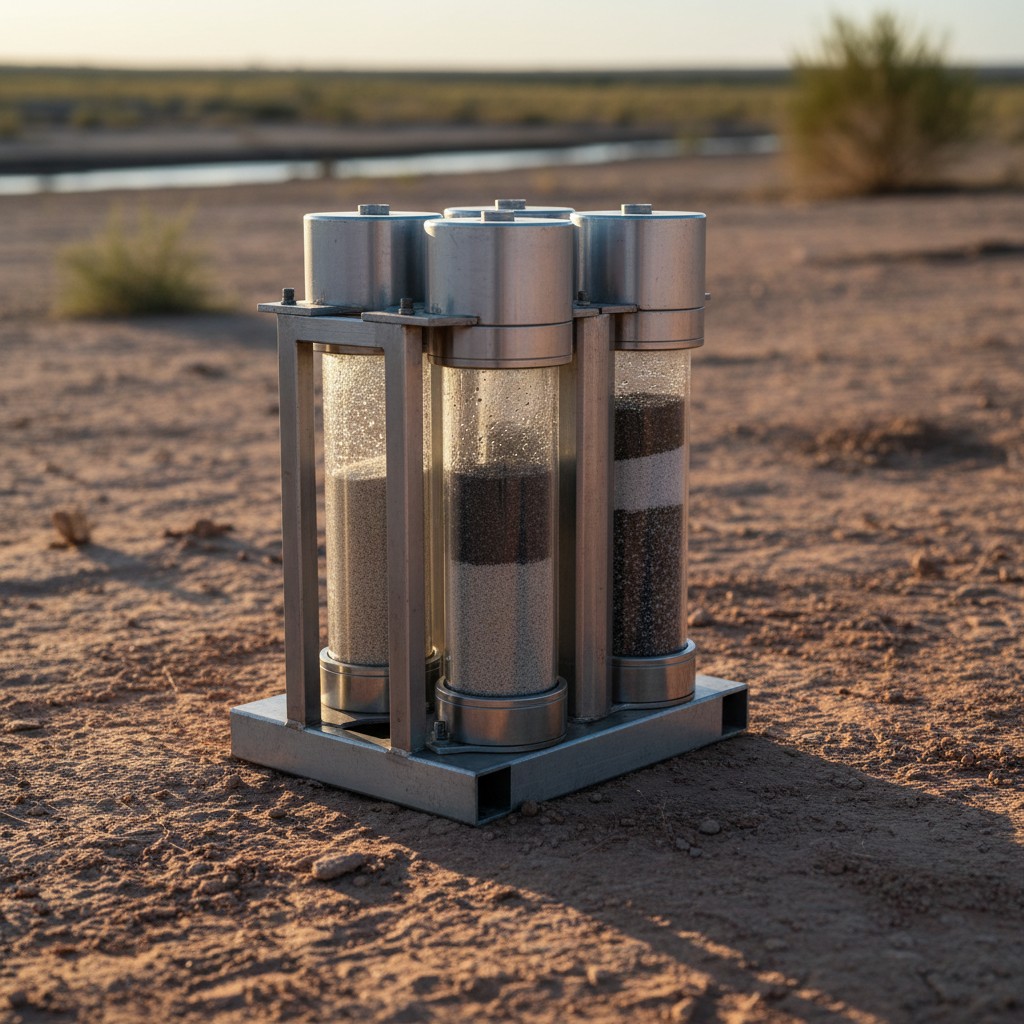 This image depicts three tall silver cylinders with gray beads inside, situated in a desert landscape.