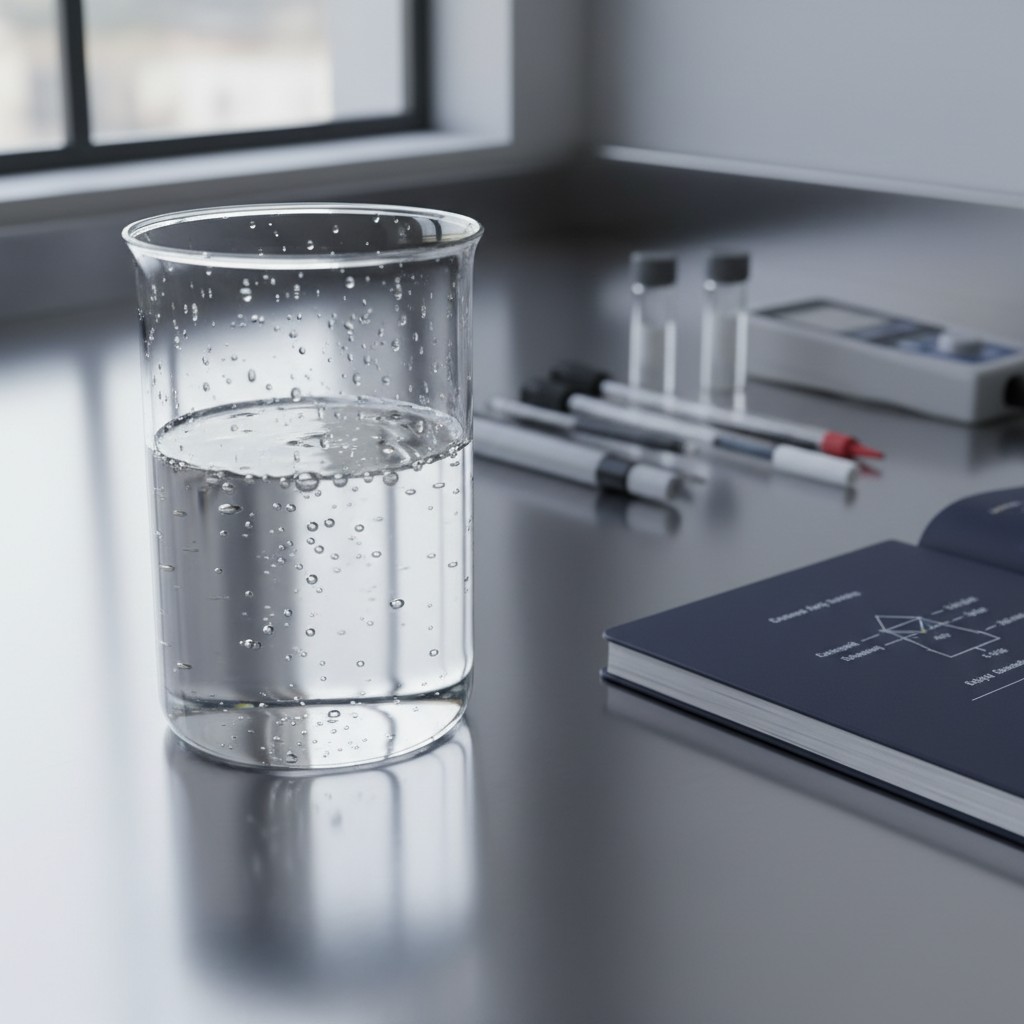The liquid-filled beaker sits on a grey table, containing bubbles suspended in the liquid. To its right lies an open book ...