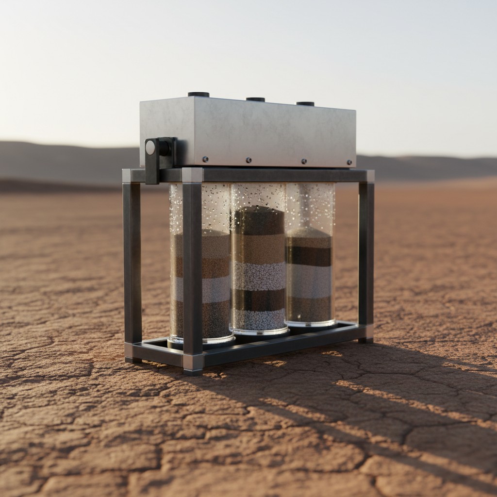 An hourglass standing in the desert with its remaining sand visible through a transparent casing.