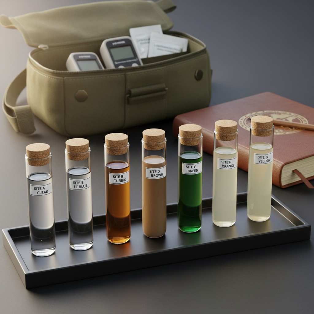 beakers of fluids arranged on a tray, glass case of medical supplies in background.